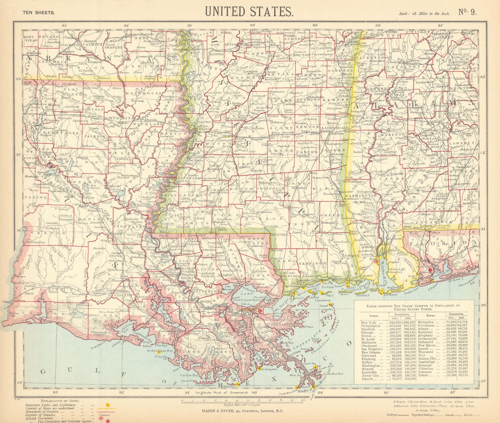 US GULF COAST Louisiana Mississippi Alabama Railroads Lighthouses LETTS 1892 map